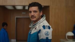 Pedro Pascal's Reed Richards wearing Fantastic Four-labeled astronaut suit