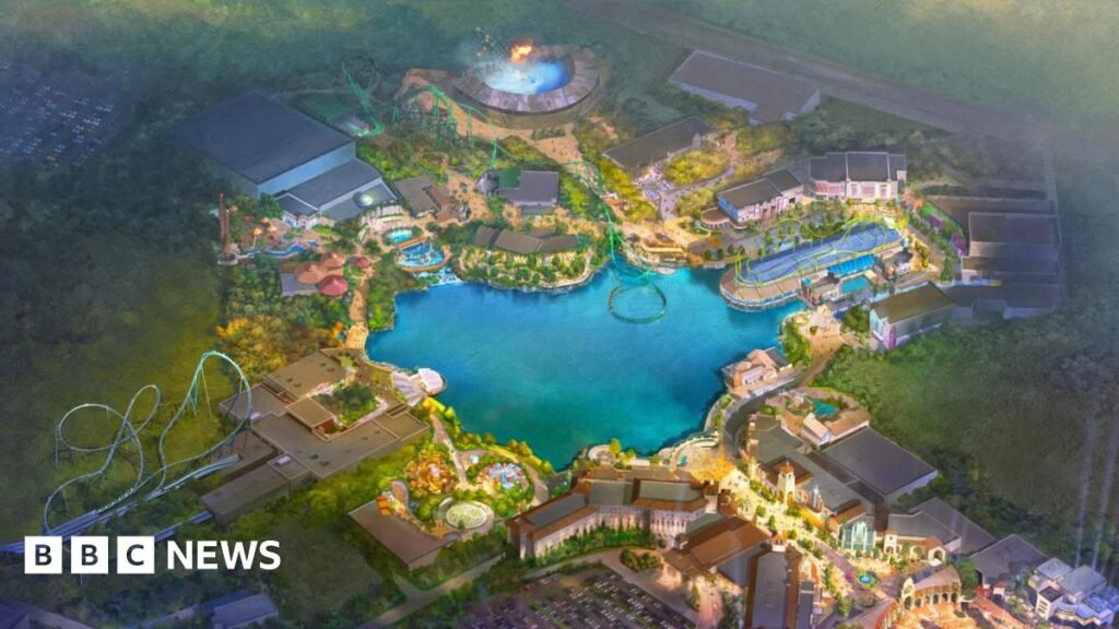 A map of the universal site shows a big lake and lots of rides surrounding it.