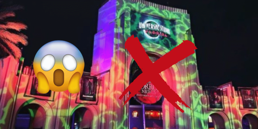 A colorful, neon-lit entrance to Universal Studios Florida at night, with a large red X and a shocked face emoji overlaid—teasing the thrills of Universal's Halloween Horror Nights 2025.