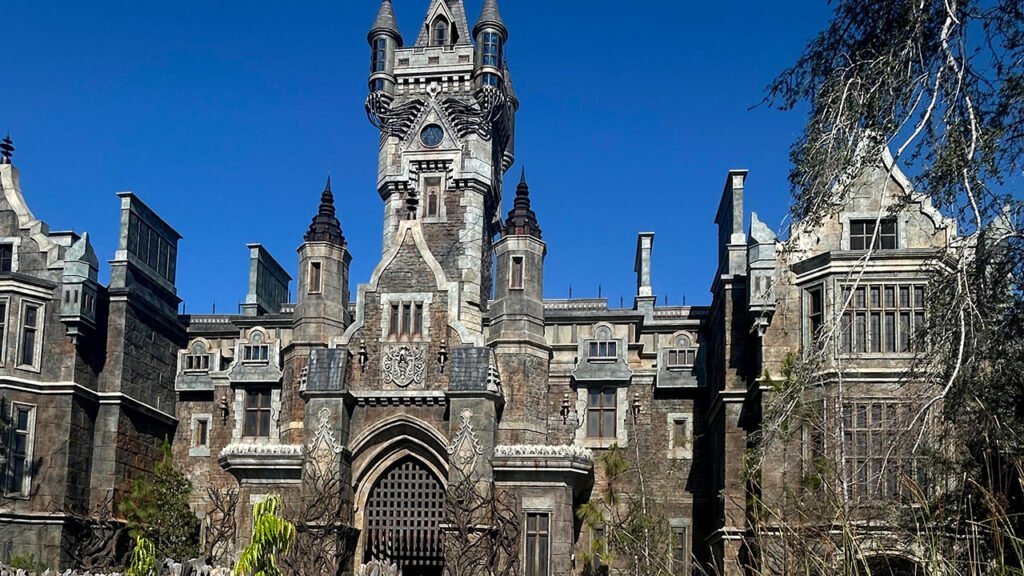 A view of the intricate work on the building from outside of Darkmoor at Monsters Unchained: The Frankenstein Experiment.