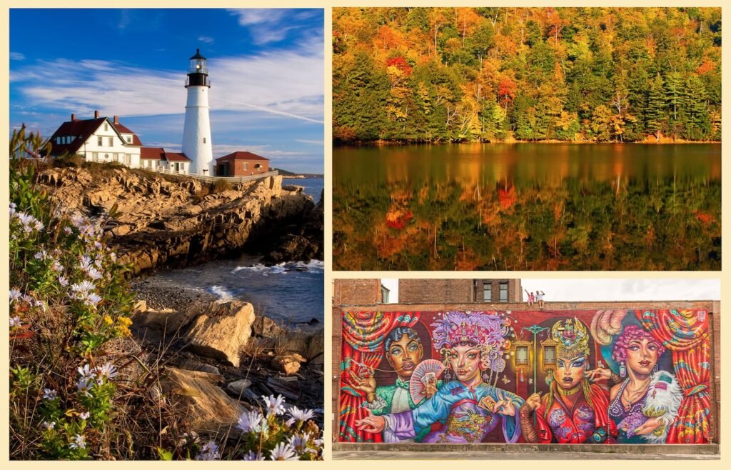Composite image to go with fall travel story made up of three photos. On the left, there's a photo of a lighthouse on a rocky coast with blue skies behind it. On the top right, there's a photo of a lake with trees turning color in the fall in the background. On the bottom right, there's a colorful wall mural on a brick building in a city setting.