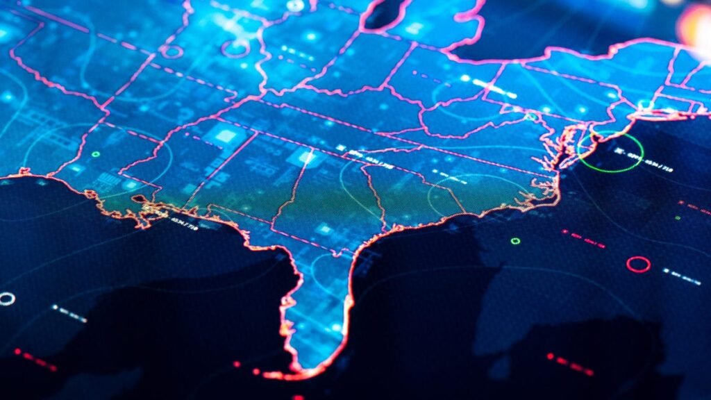 An image of a map of the US east cost in neon blue and pink gettyimages-1386415170