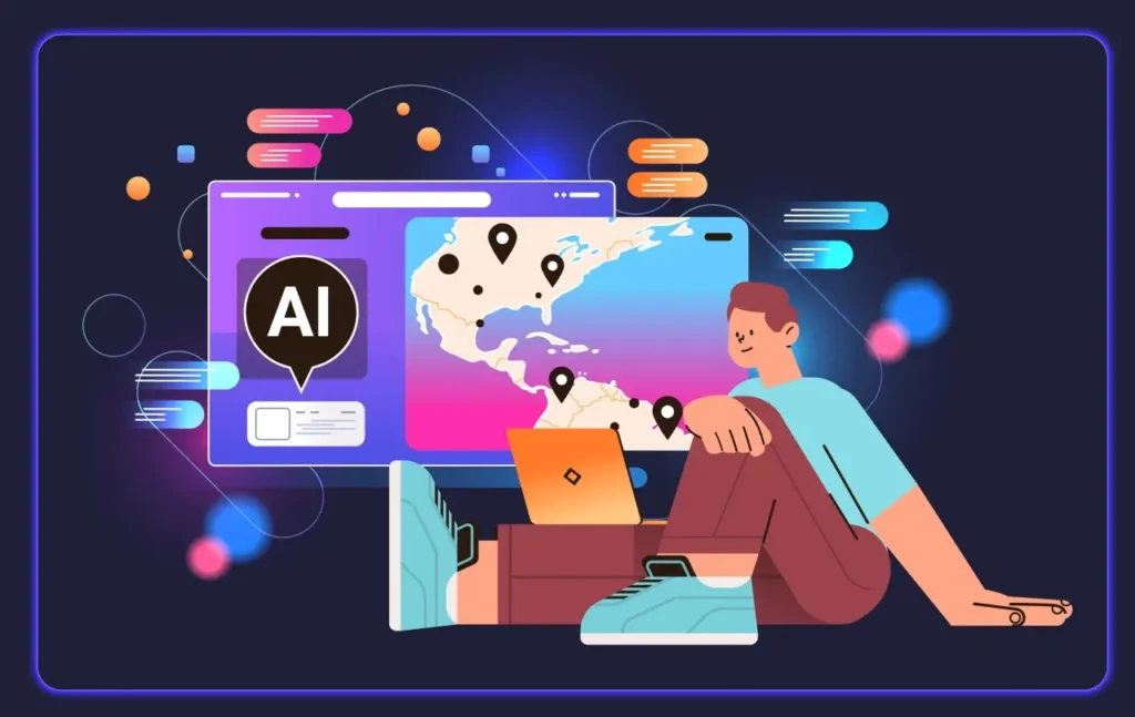 Illustration of a traveler using artificial intelligence for vacation planning, with a laptop, digital map, and AI interface icons in the background.
