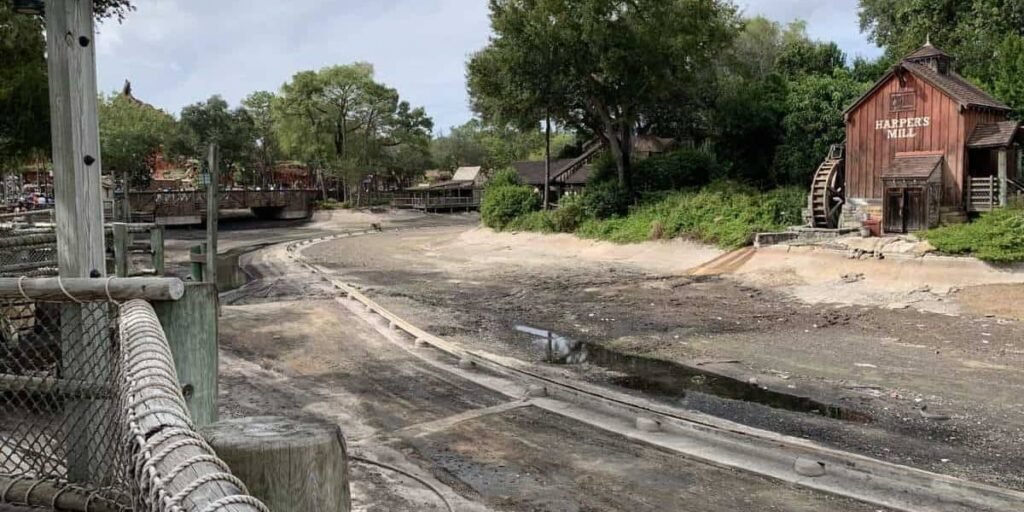 The drained Rivers of America during a refurb project