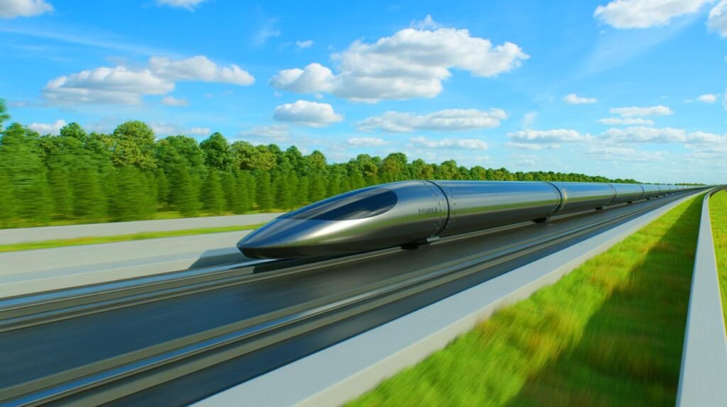 Illustration of a high-speed hyperloop capsule performing a lane-switch maneuver at the European Hyperloop Center.