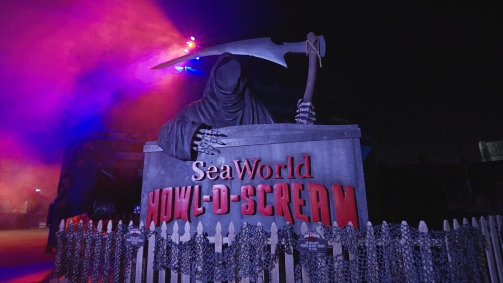 SeaWorld San Diego Howl-O-Scream sign with Grim Reaper