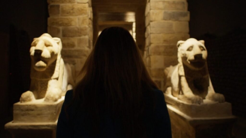 silhouette of a woman facing ancient Egyptian structure, a stone lion on either side