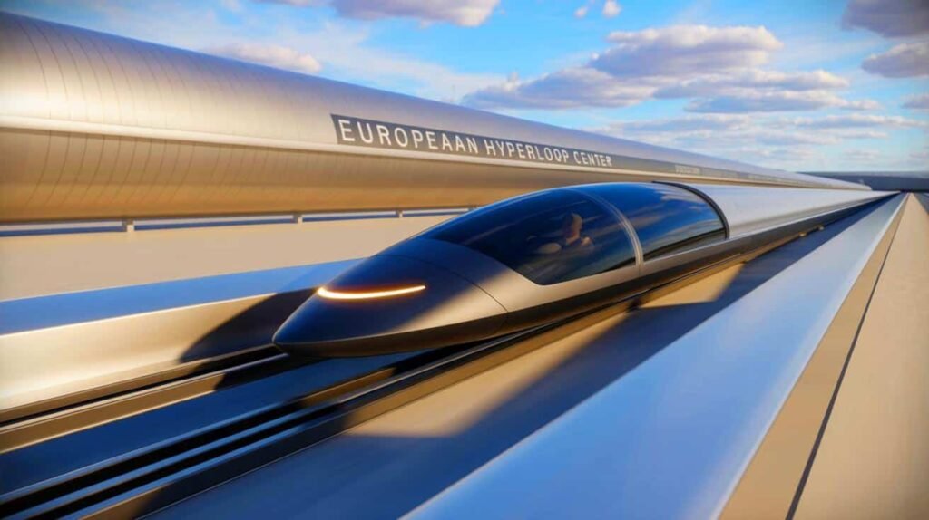 Illustration of a record-breaking hyperloop capsule during a pivotal lane-switch test at the European Hyperloop Center.