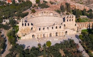 The Odeon of Herodes Atticus, an ancient stone theater located on the southwest slope of the Acropolis in Athens, Greece.