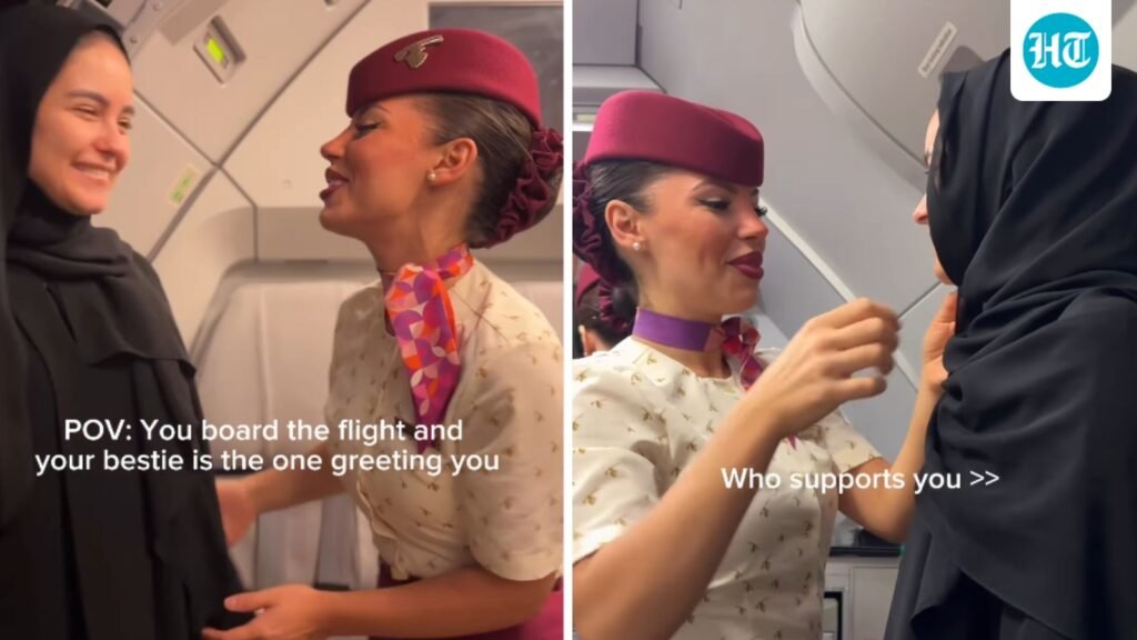 Qatar cabin crew repeatedly hugs best friend on flight, fixes her hijab in reunion video