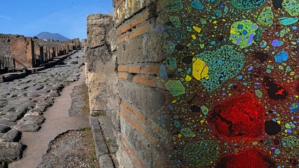 An ancient Pompeii wall at a newly excavated site, where Associate Professor Admir Masic applied compositional analysis (overlayed to right) to understand how ancient Romans made concrete that has endured for thousands of years.