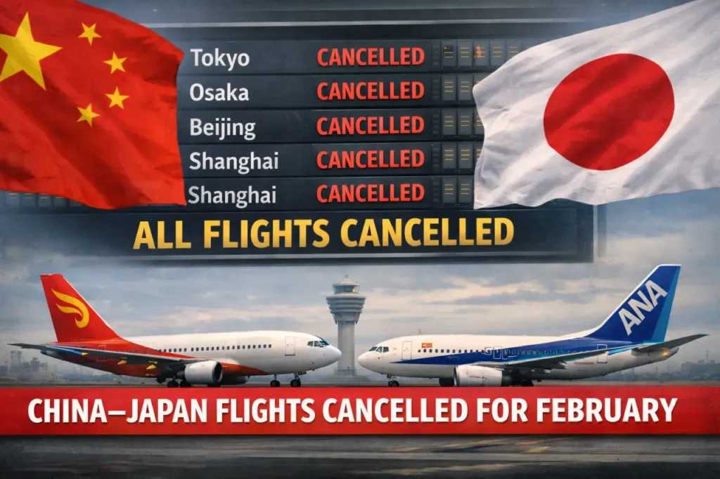 Cancelled China–Japan flights shown on airport departure board with Chinese and Japanese flags and grounded aircraft.