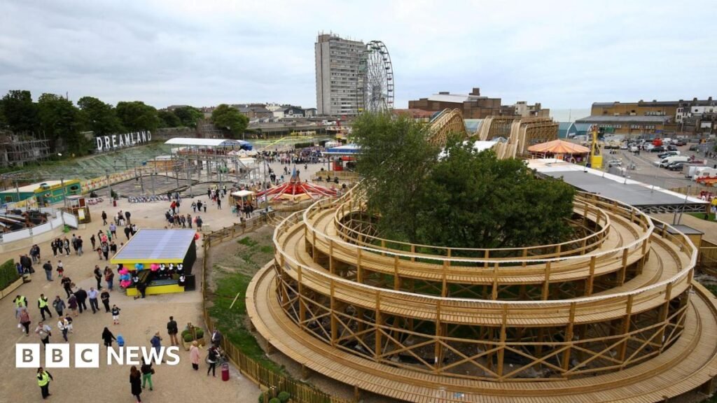 An aeriel shot of the Grade II listed, timber-framed Scenic Railway at Dreamland Amusement Park in Margate, Kent.