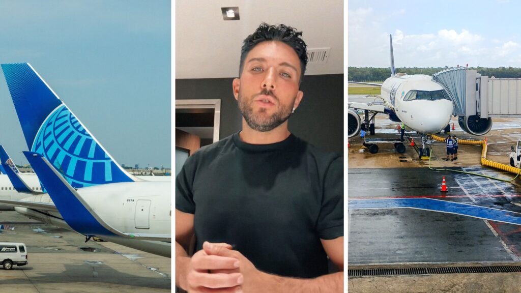 united airlines aircraft (l) man shares traveling issue with united airlines (c) plane still parked (r)