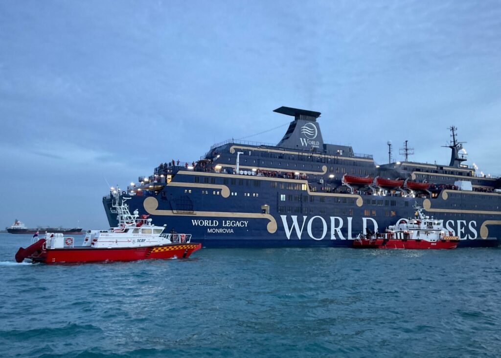 Photo of World Legacy and firefighting vessels—Source: Maritime and Port Authority of Singapore