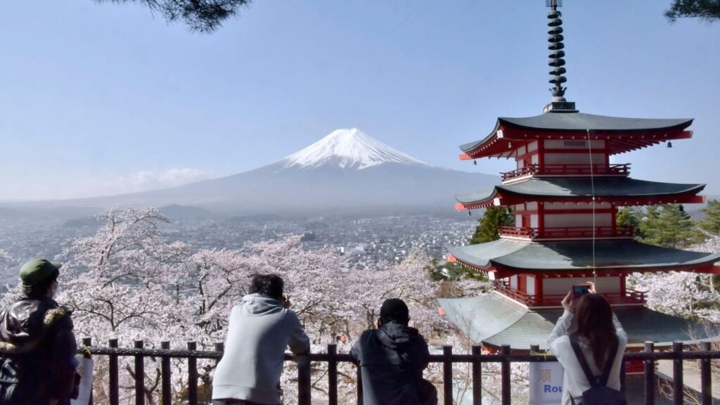 The view of Mount Fuji from Arakurayama Sengen Park. Pic: AP