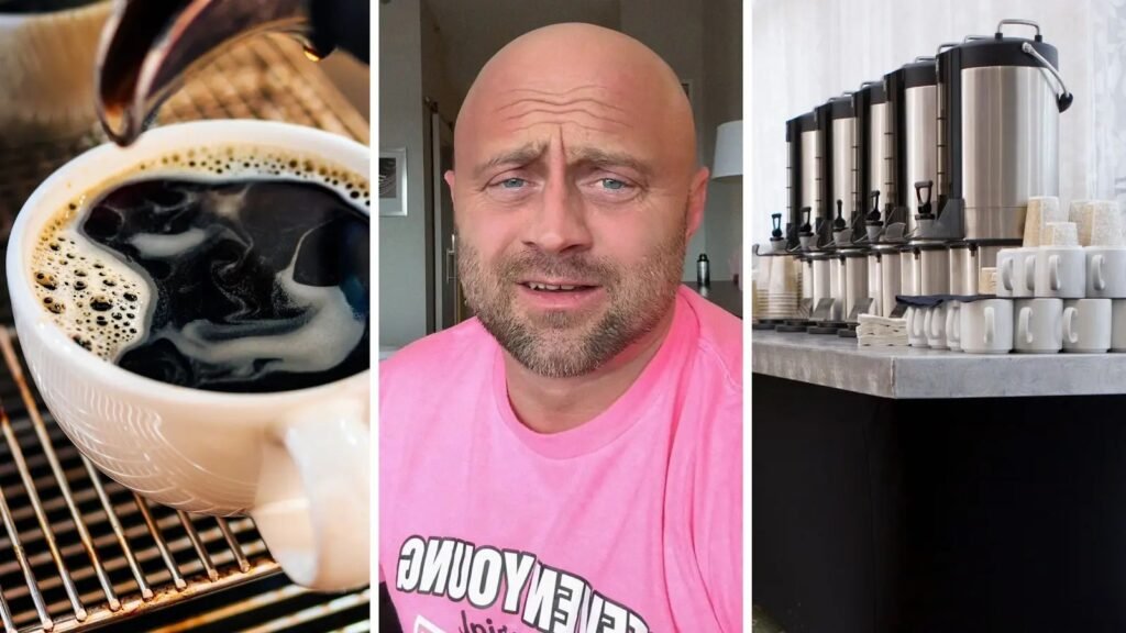 cup of black coffee (l) man shares hotel experience (c) coffee station (r)