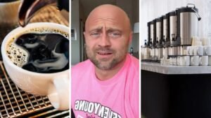 cup of black coffee (l) man shares hotel experience (c) coffee station (r)