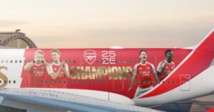 Arsenal-themed Emirates A380 takes off from Dubai after Premier League win