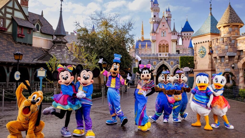 An image of Mickey Mouse and friends like Goofy in a line at Disneyland in front of a big castle