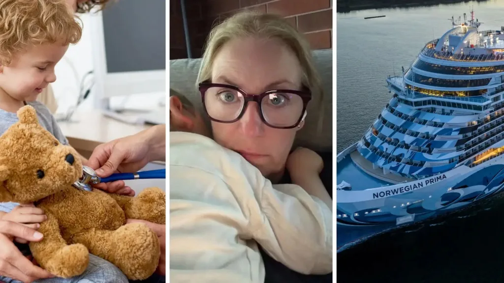 child being checked by a doctor (l) woman shares cruise expense (c) Norwegian cruise ship (r)