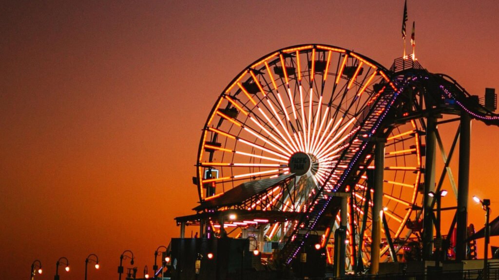 A theme park at sunset
