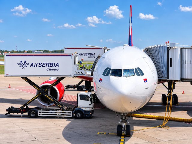 Catering being loaded on an Air Serbia A330-200 at Belgrade Airport